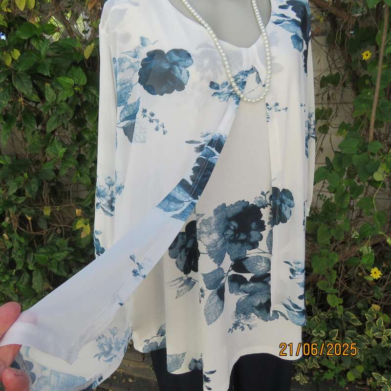 MILADYS white with blue floral print stretch polyester size 52 top. Front sheer overlays