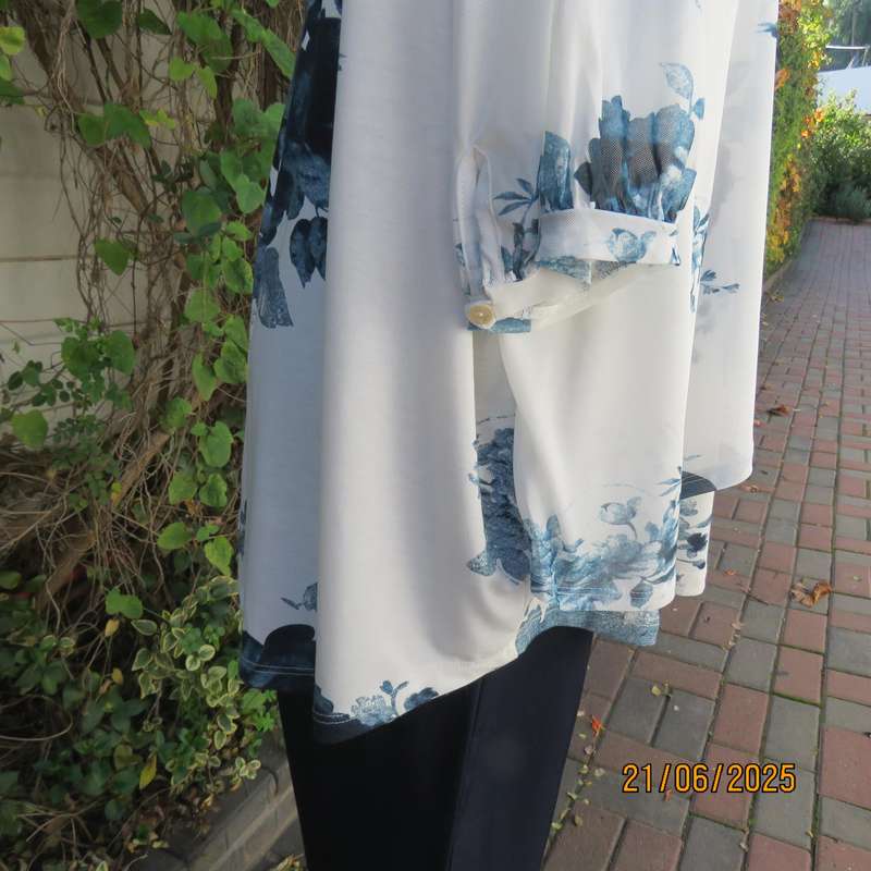 MILADYS white with blue floral print stretch polyester size 52 top. Front sheer overlays