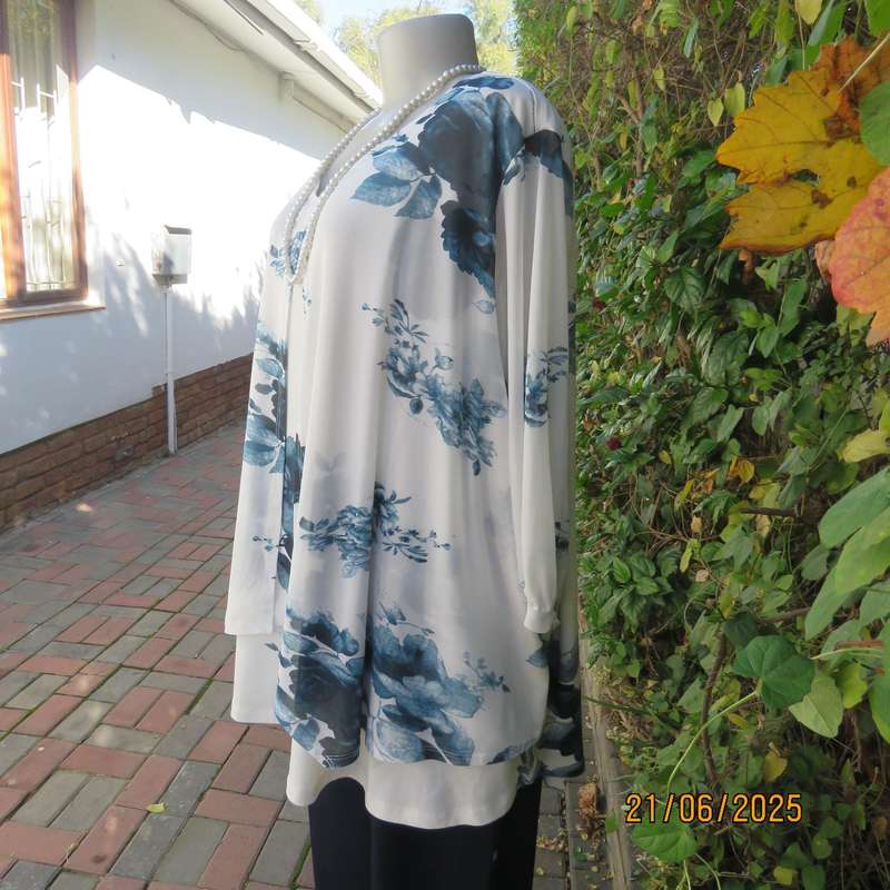 MILADYS white with blue floral print stretch polyester size 52 top. Front sheer overlays