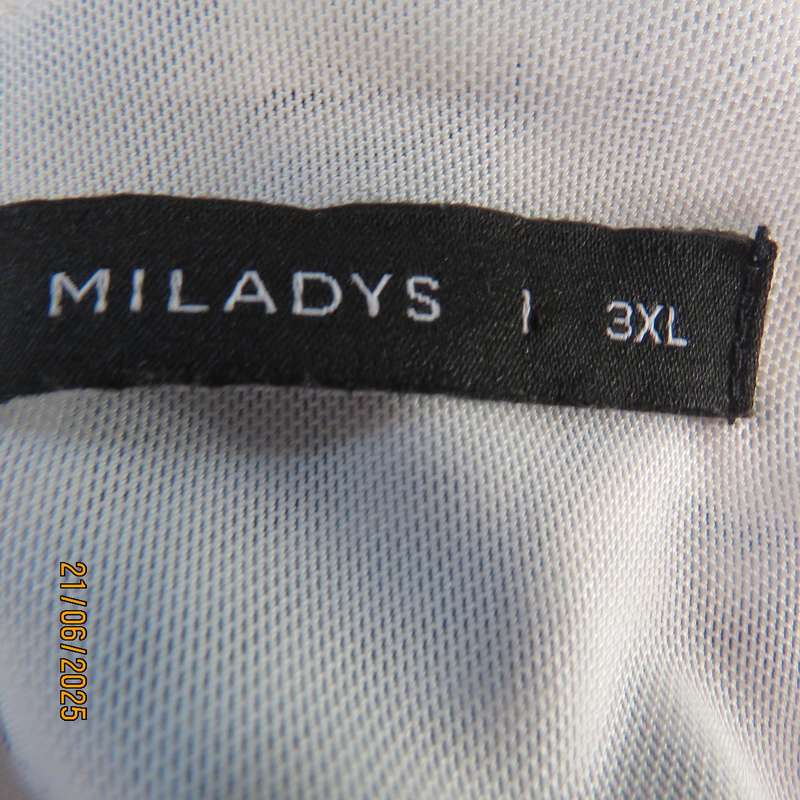 MILADYS white with blue floral print stretch polyester size 52 top. Front sheer overlays