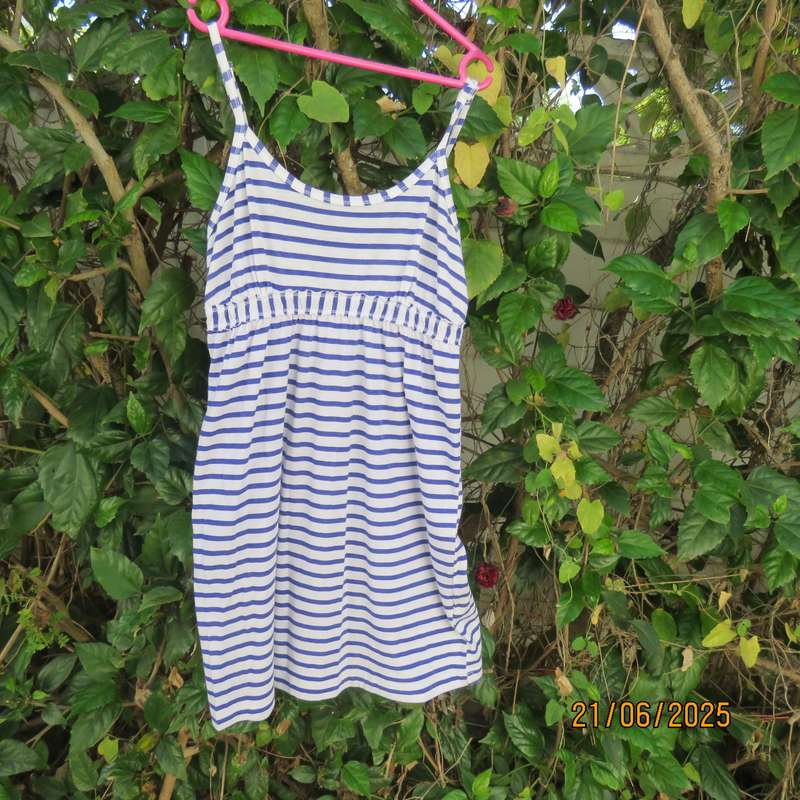 BLUE CHIC adjustable strappy dress for 8 to 10yr old girl. Blue-white horizontal stripes.