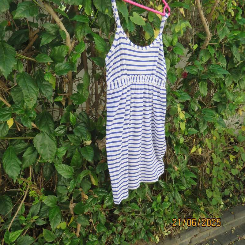 BLUE CHIC adjustable strappy dress for 8 to 10yr old girl. Blue-white horizontal stripes.