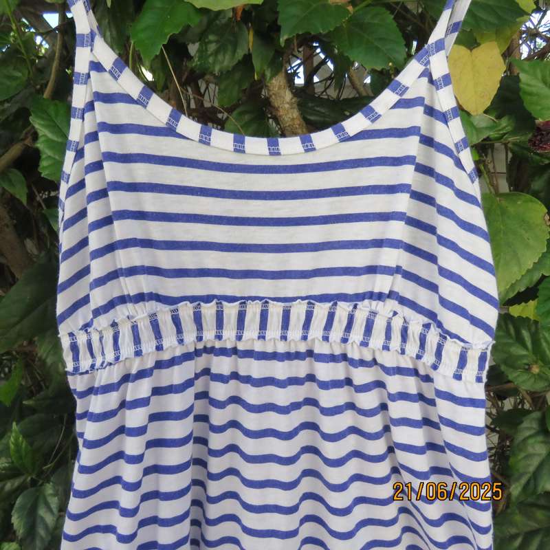 BLUE CHIC adjustable strappy dress for 8 to 10yr old girl. Blue-white horizontal stripes.