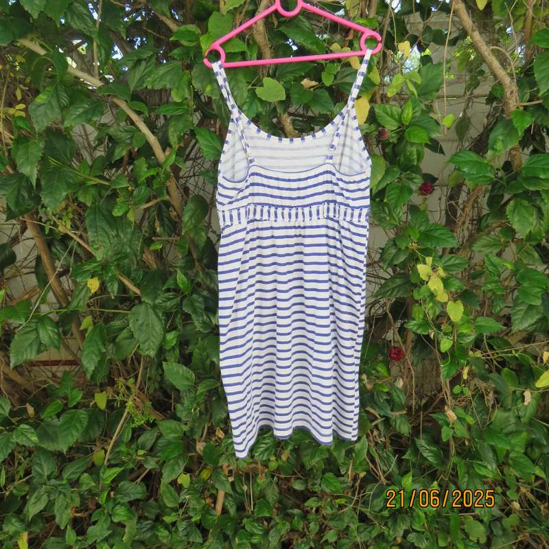 BLUE CHIC adjustable strappy dress for 8 to 10yr old girl. Blue-white horizontal stripes.