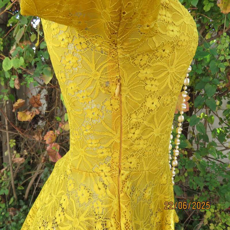 NEW FEELING mustard stretch polyester lace peplum top. Size 32. Long sleeves.