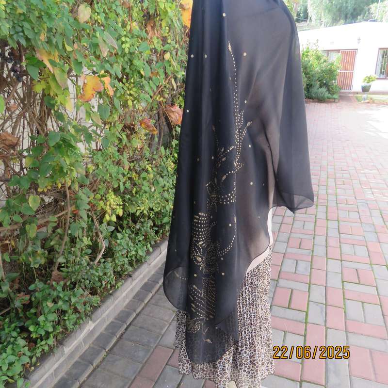 Black sheer wrap with luxury gold dots and pattern. Size 160cm x 95cm.