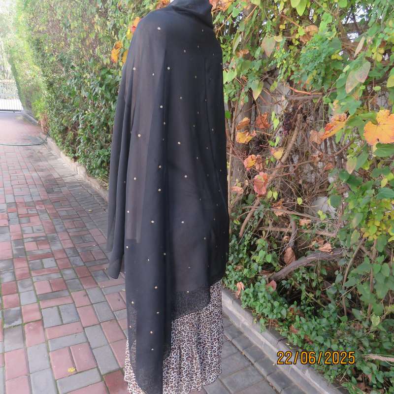 Black sheer wrap with luxury gold dots and pattern. Size 160cm x 95cm.