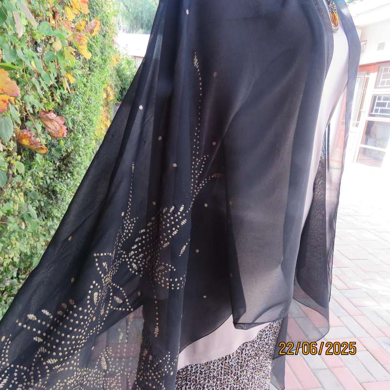Black sheer wrap with luxury gold dots and pattern. Size 160cm x 95cm.