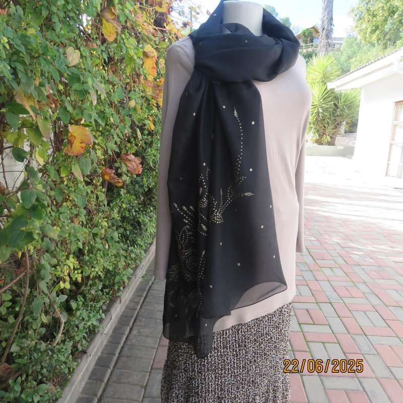 Black sheer wrap with luxury gold dots and pattern. Size 160cm x 95cm.