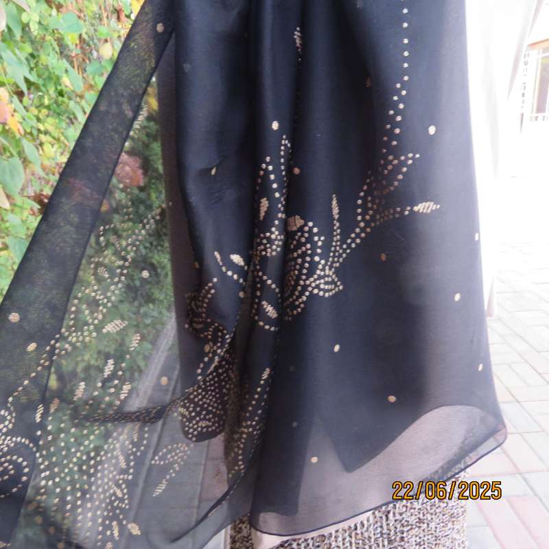 Black sheer wrap with luxury gold dots and pattern. Size 160cm x 95cm.