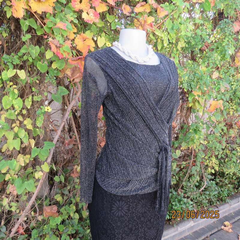 Glamour black-silver lame evening long sleeve fold over 2 layer poly-nylon stretch top. Size 34