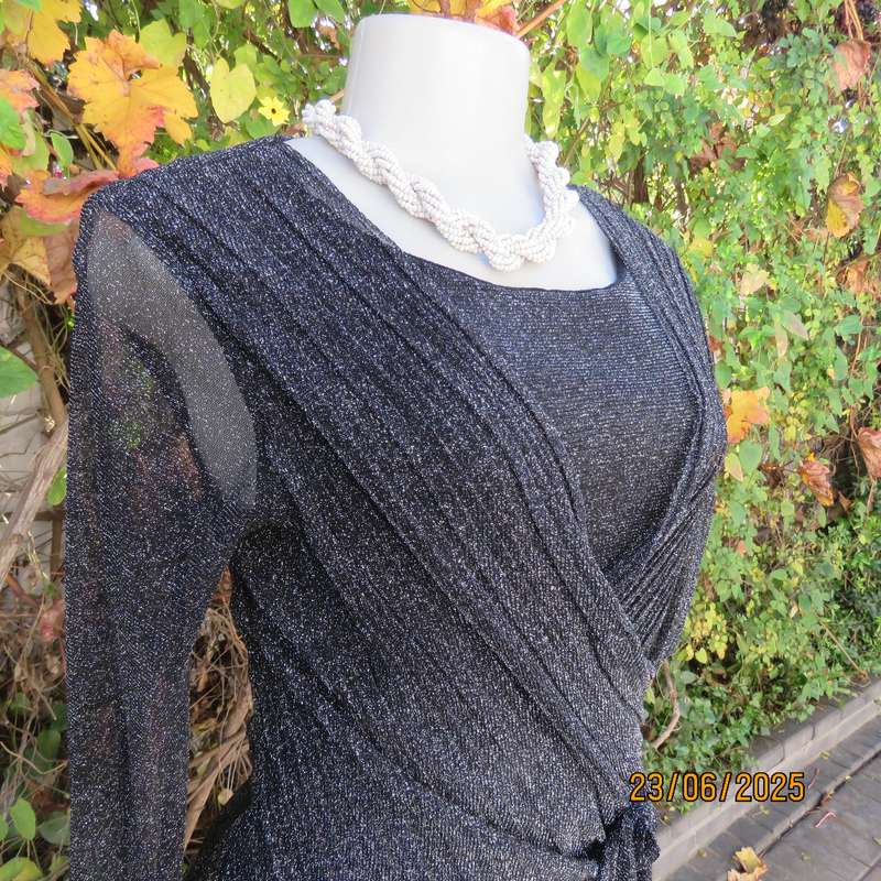 Glamour black-silver lame evening long sleeve fold over 2 layer poly-nylon stretch top. Size 34