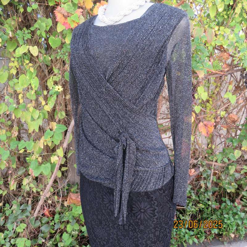 Glamour black-silver lame evening long sleeve fold over 2 layer poly-nylon stretch top. Size 34