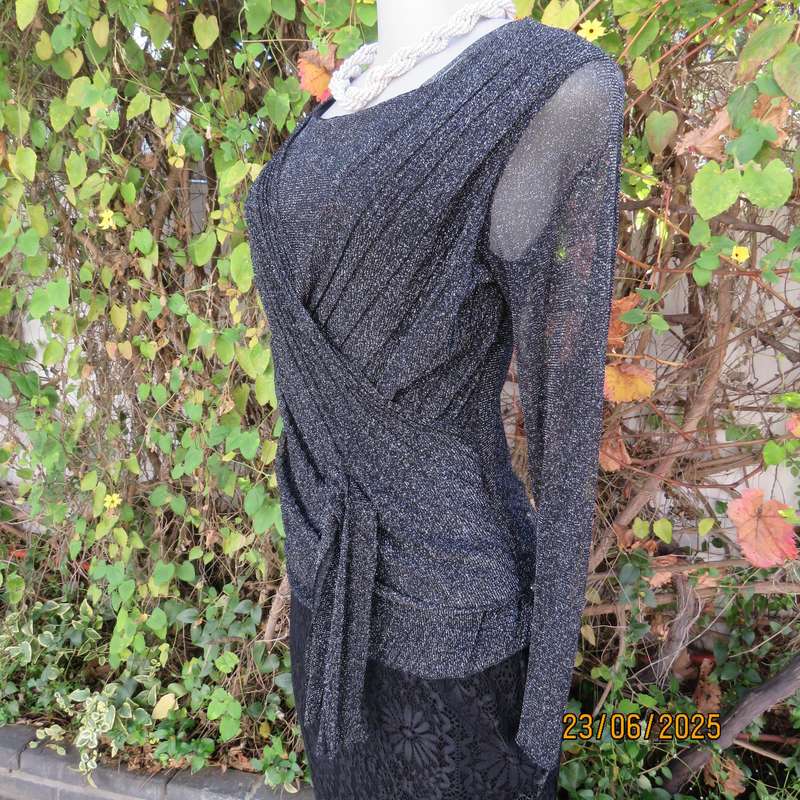 Glamour black-silver lame evening long sleeve fold over 2 layer poly-nylon stretch top. Size 34