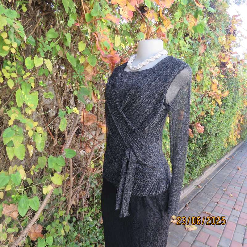 Glamour black-silver lame evening long sleeve fold over 2 layer poly-nylon stretch top. Size 34