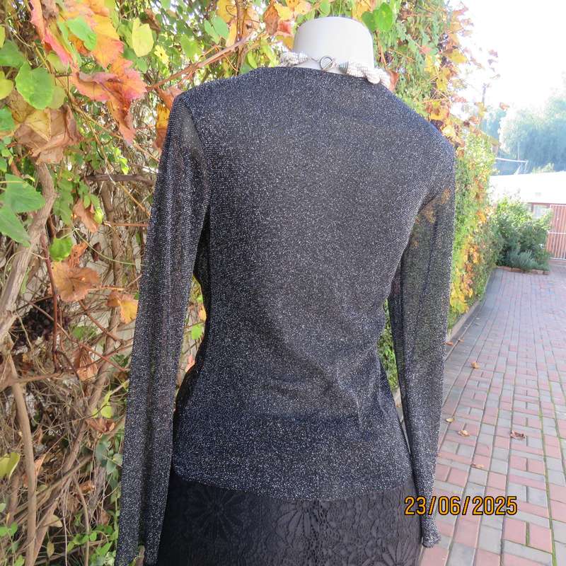 Glamour black-silver lame evening long sleeve fold over 2 layer poly-nylon stretch top. Size 34