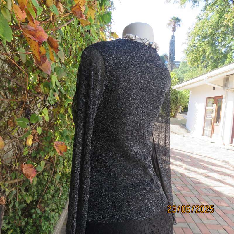 Glamour black-silver lame evening long sleeve fold over 2 layer poly-nylon stretch top. Size 34
