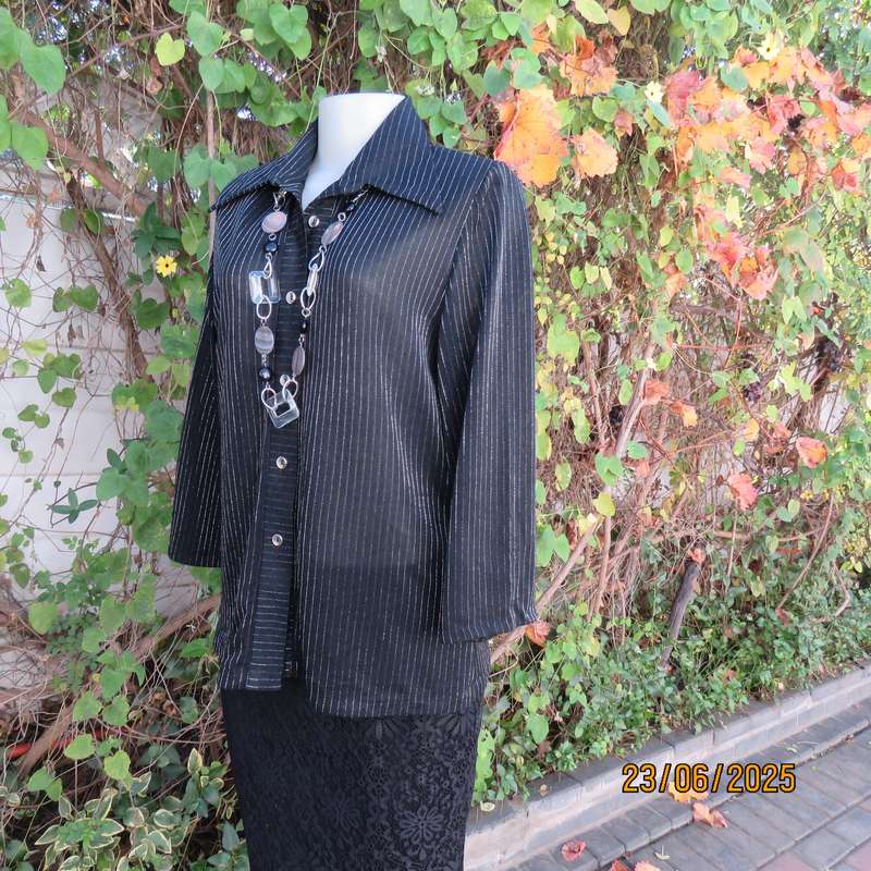 CARO smart casual black stretch polyester top with silver vertical stripes. Size 40