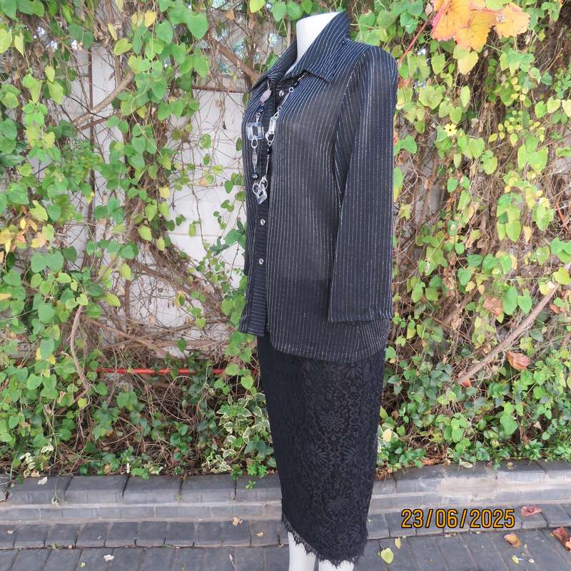 CARO smart casual black stretch polyester top with silver vertical stripes. Size 40