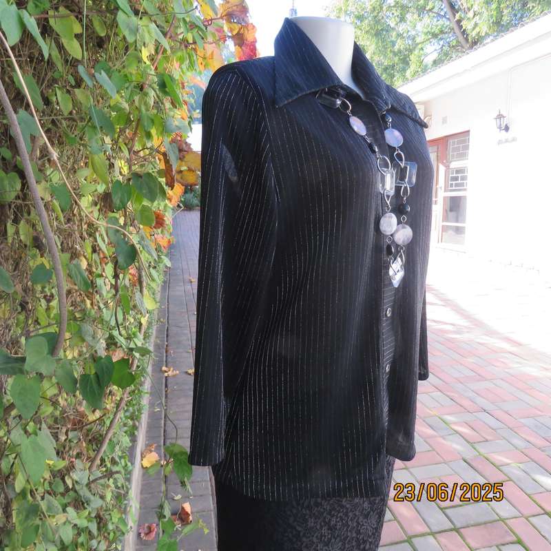 CARO smart casual black stretch polyester top with silver vertical stripes. Size 40