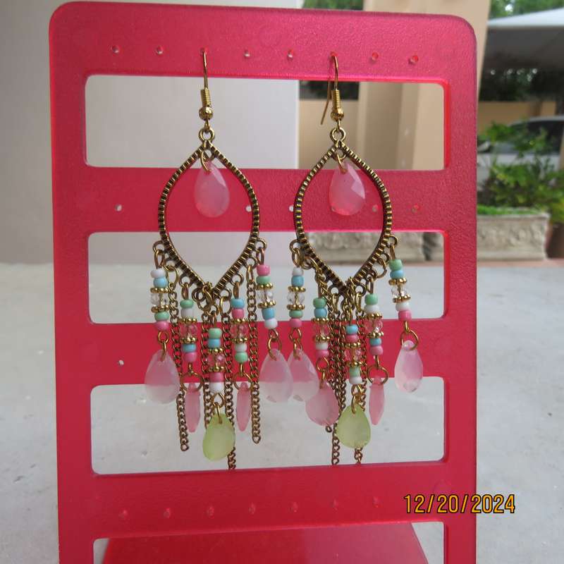 Pair colourful chandelier earrings with golden oval ring- beads and chains hanging. New item.