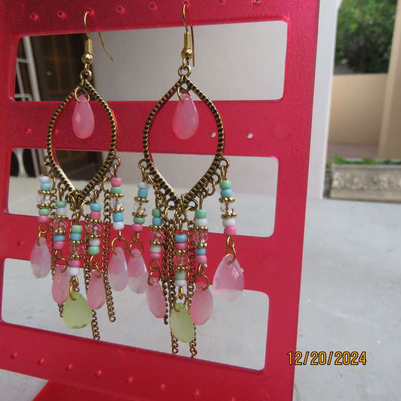 Pair colourful chandelier earrings with golden oval ring- beads and chains hanging. New item.