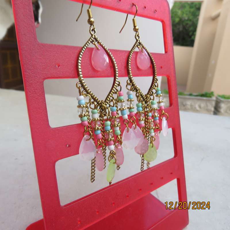 Pair colourful chandelier earrings with golden oval ring- beads and chains hanging. New item.