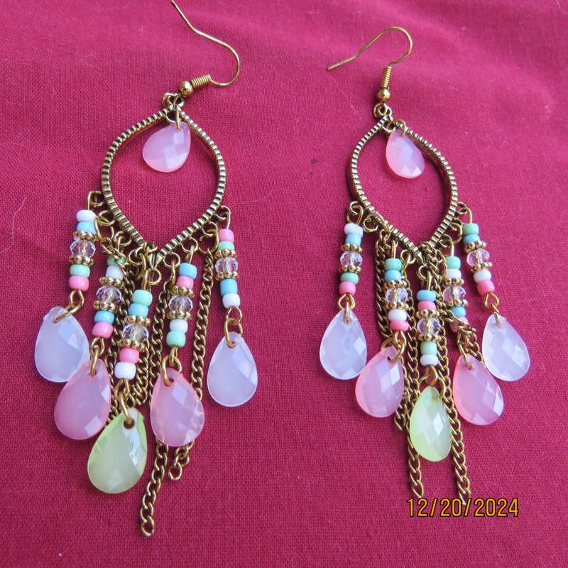 Pair colourful chandelier earrings with golden oval ring- beads and chains hanging. New item.
