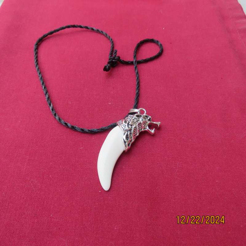 Faux ivory tooth pendant in stainless steel with black cord for men.