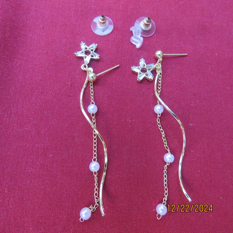 Pair of dainty golden long hanging earrings with thin chain with faux pearls. New item