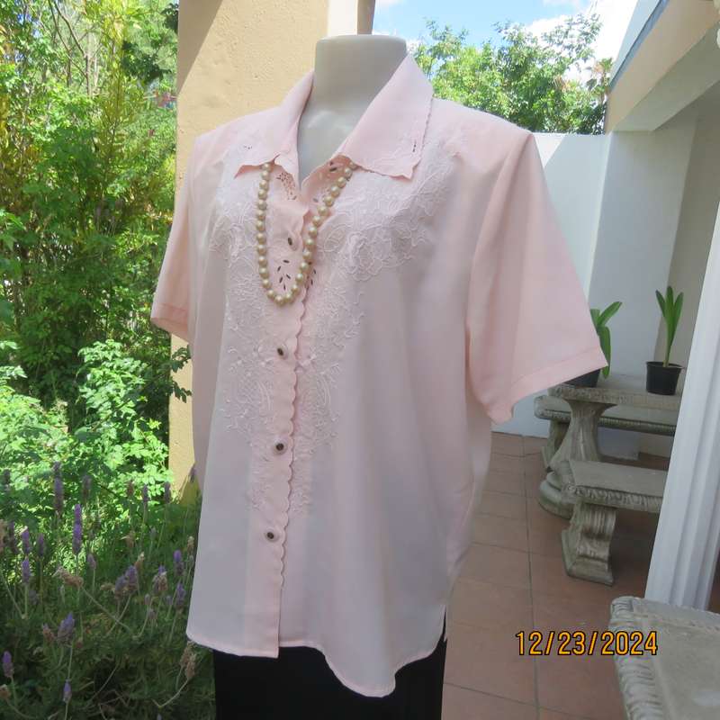 Richly embroidered soft apricot colour button down silky polyester top.Shirt collar.Size 40 .As new