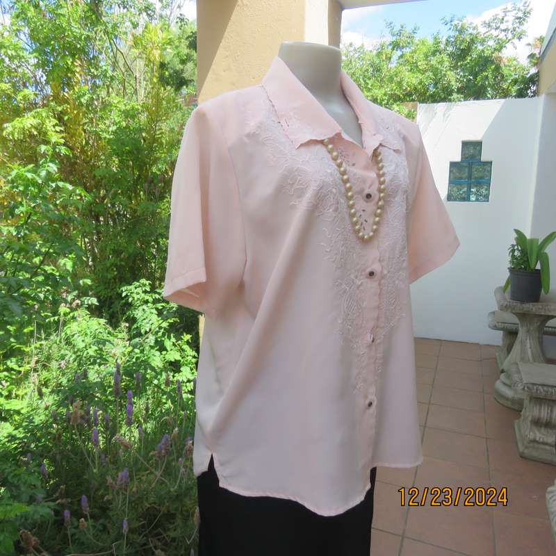 Richly embroidered soft apricot colour button down silky polyester top.Shirt collar.Size 40 .As new