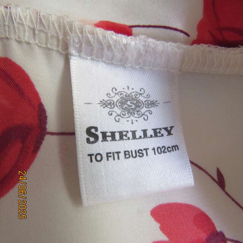 SHELLEY size 40 cream satin polyester with red floral print fold over night gown.