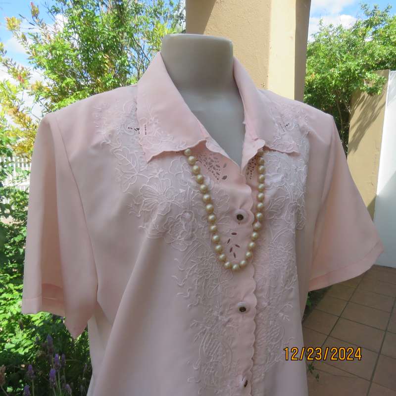Richly embroidered soft apricot colour button down silky polyester top.Shirt collar.Size 40 .As new