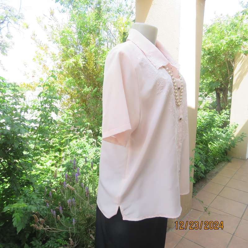 Richly embroidered soft apricot colour button down silky polyester top.Shirt collar.Size 40 .As new