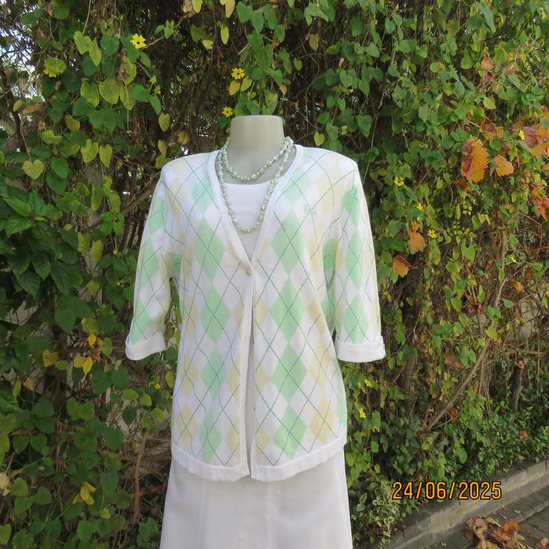 PRINGLE high quality cotton knit diamond pattern cardigan. green-cream-white. Size 38-40