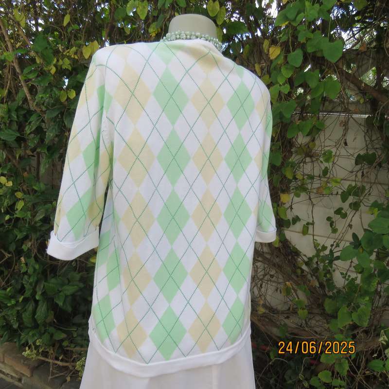 PRINGLE high quality cotton knit diamond pattern cardigan. green-cream-white. Size 38-40
