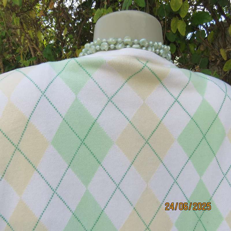 PRINGLE high quality cotton knit diamond pattern cardigan. green-cream-white. Size 38-40