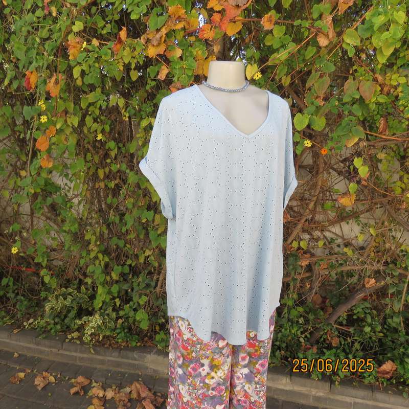 EMILY ROSE NZ sky blue eyelet embroidered polyester stretch top. Size 48.