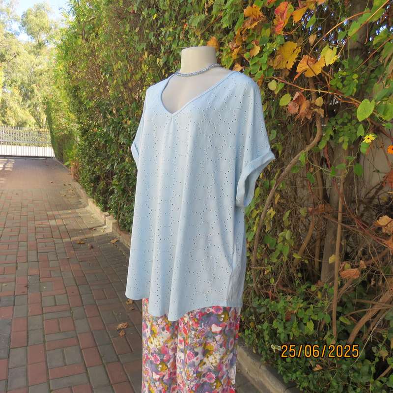 EMILY ROSE NZ sky blue eyelet embroidered polyester stretch top. Size 48.