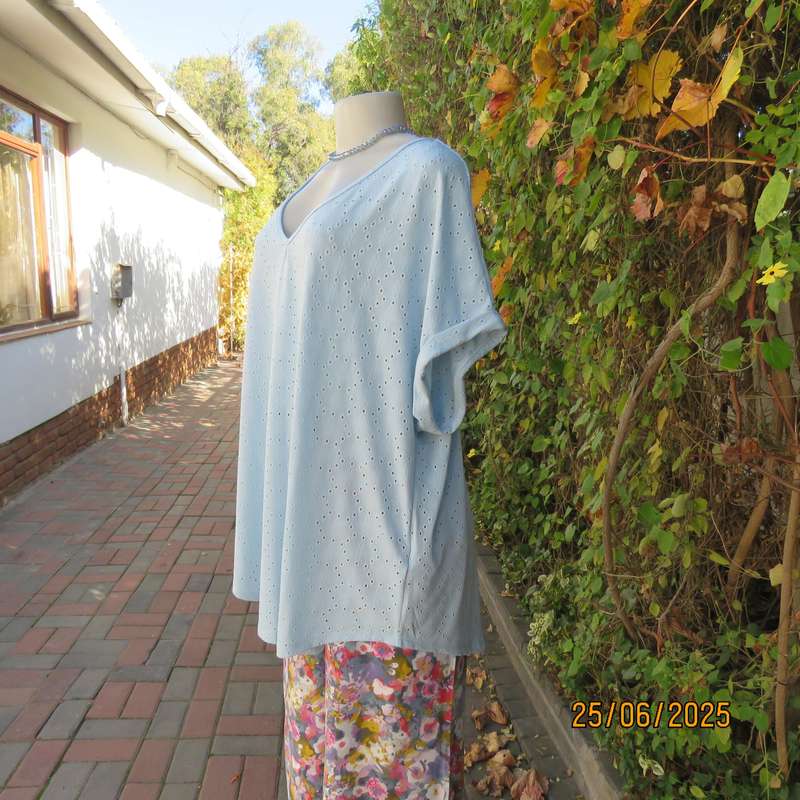 EMILY ROSE NZ sky blue eyelet embroidered polyester stretch top. Size 48.