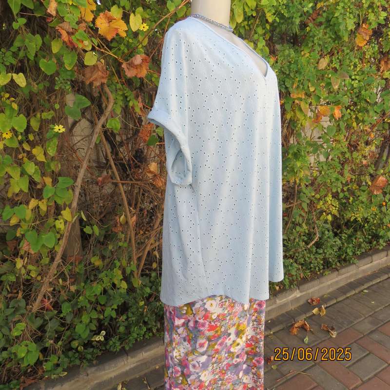 EMILY ROSE NZ sky blue eyelet embroidered polyester stretch top. Size 48.