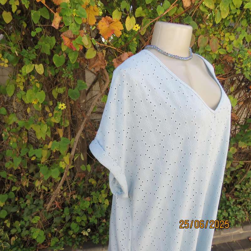 EMILY ROSE NZ sky blue eyelet embroidered polyester stretch top. Size 48.