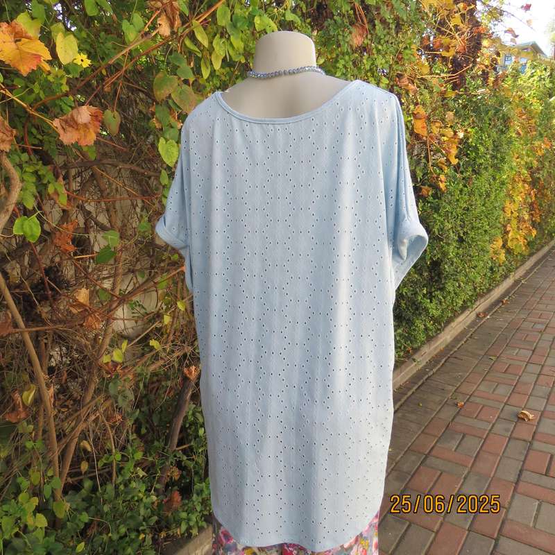 EMILY ROSE NZ sky blue eyelet embroidered polyester stretch top. Size 48.