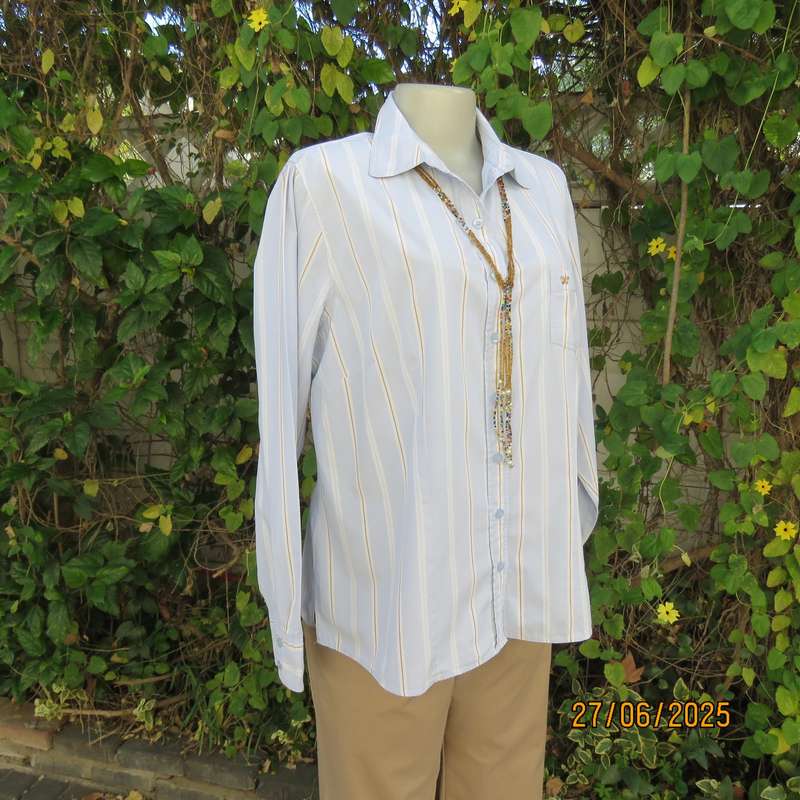 WOOLWORTHS long sleeve baby blue shirt with white-tan vertical stripes. Size 42