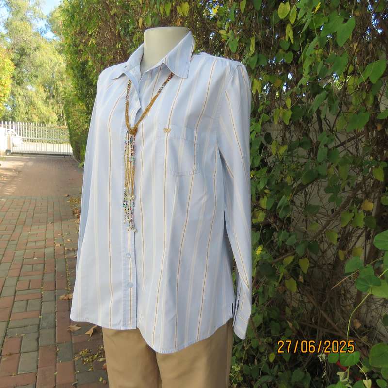 WOOLWORTHS long sleeve baby blue shirt with white-tan vertical stripes. Size 42
