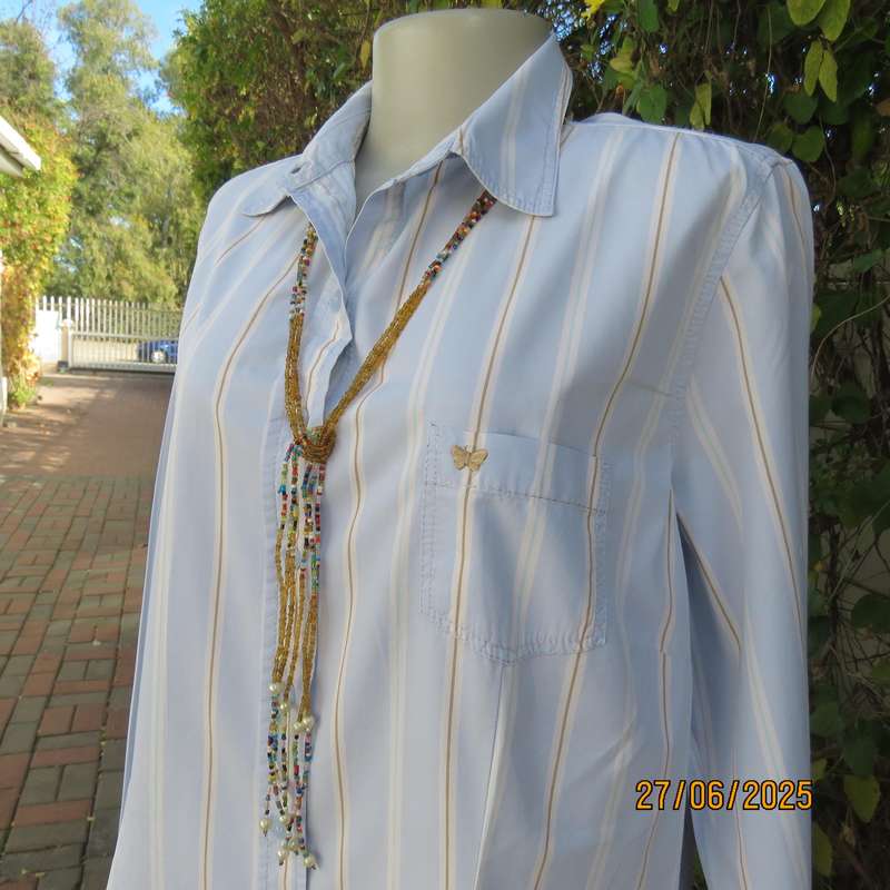 WOOLWORTHS long sleeve baby blue shirt with white-tan vertical stripes. Size 42