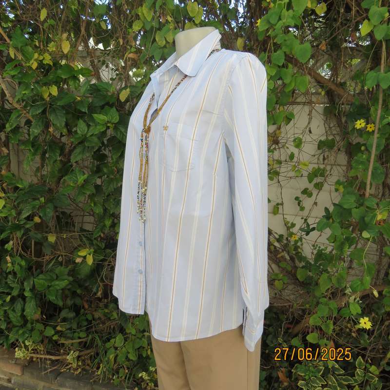 WOOLWORTHS long sleeve baby blue shirt with white-tan vertical stripes. Size 42
