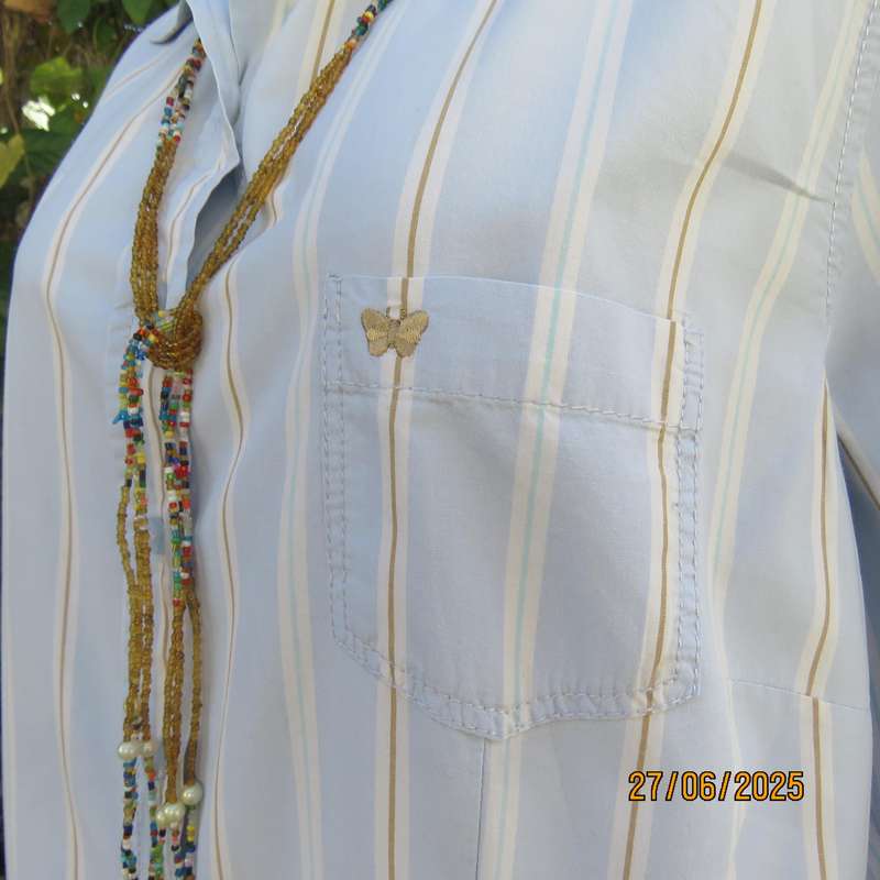 WOOLWORTHS long sleeve baby blue shirt with white-tan vertical stripes. Size 42