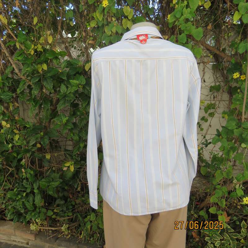 WOOLWORTHS long sleeve baby blue shirt with white-tan vertical stripes. Size 42